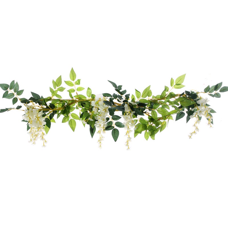 UUPP 2Pcs 6.6Ft Artificial Flowers Vines Silk Wisteria Artificial Garlands Fake Hanging Green Leaf Flower Ivy Vines for Home Garden Wedding Arch Decor, White - Image 2